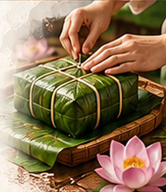 Gói bánh chưng bằng lá dong